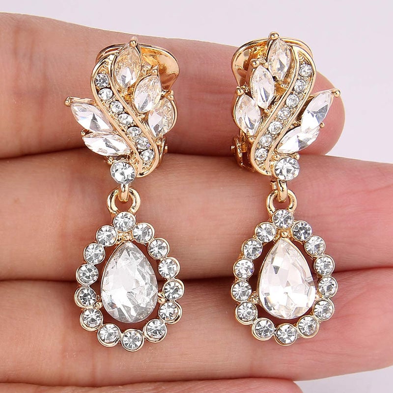 EleQueen Women's Austrian Crystal Art Deco Tear Drop Dangle Earrings Clip-on Gold-tone Clear - Image 5
